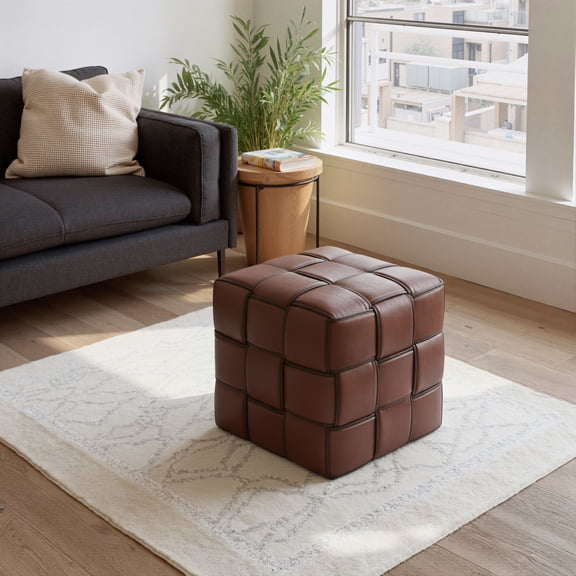Zare Ottoman Brown Ottoman, Modern Style, Plush and durable faux leather fabric, MDF, Indoor Living