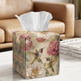 thumbnail image 2 of COEQINE Stylish Tissue Box Holder Faux Leather Snap Closure Cube Facial Tissue Organizer Dispenser Easy Refill for Home Office Tabletop Decoraiton, Hummingbird Floral Retro, 2 of 7