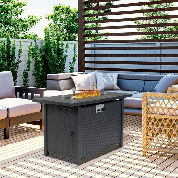 Gas Fire Pit Table, SYNGAR 43" 50,000 BTU Propane Fire Pit with Glass Wind Guard, Metal Tabletop, Lid, Volcanic Stones and Cover, Outdoor 2-in-1 Fire Pit Table for Garden, Yard, Deck, Black