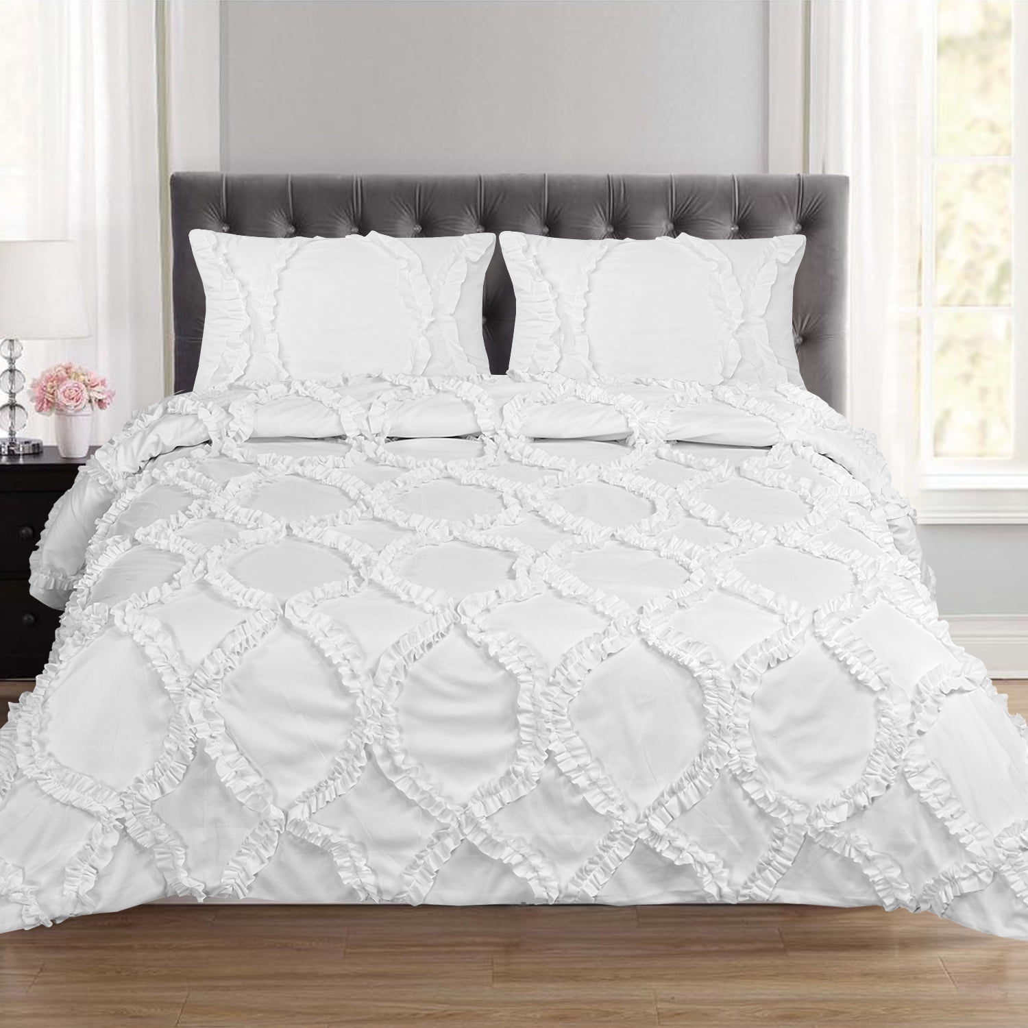 Tatiana Ruched Fancy Ribbed Lattice 3 Piece Duvet and Pillow Sham Set