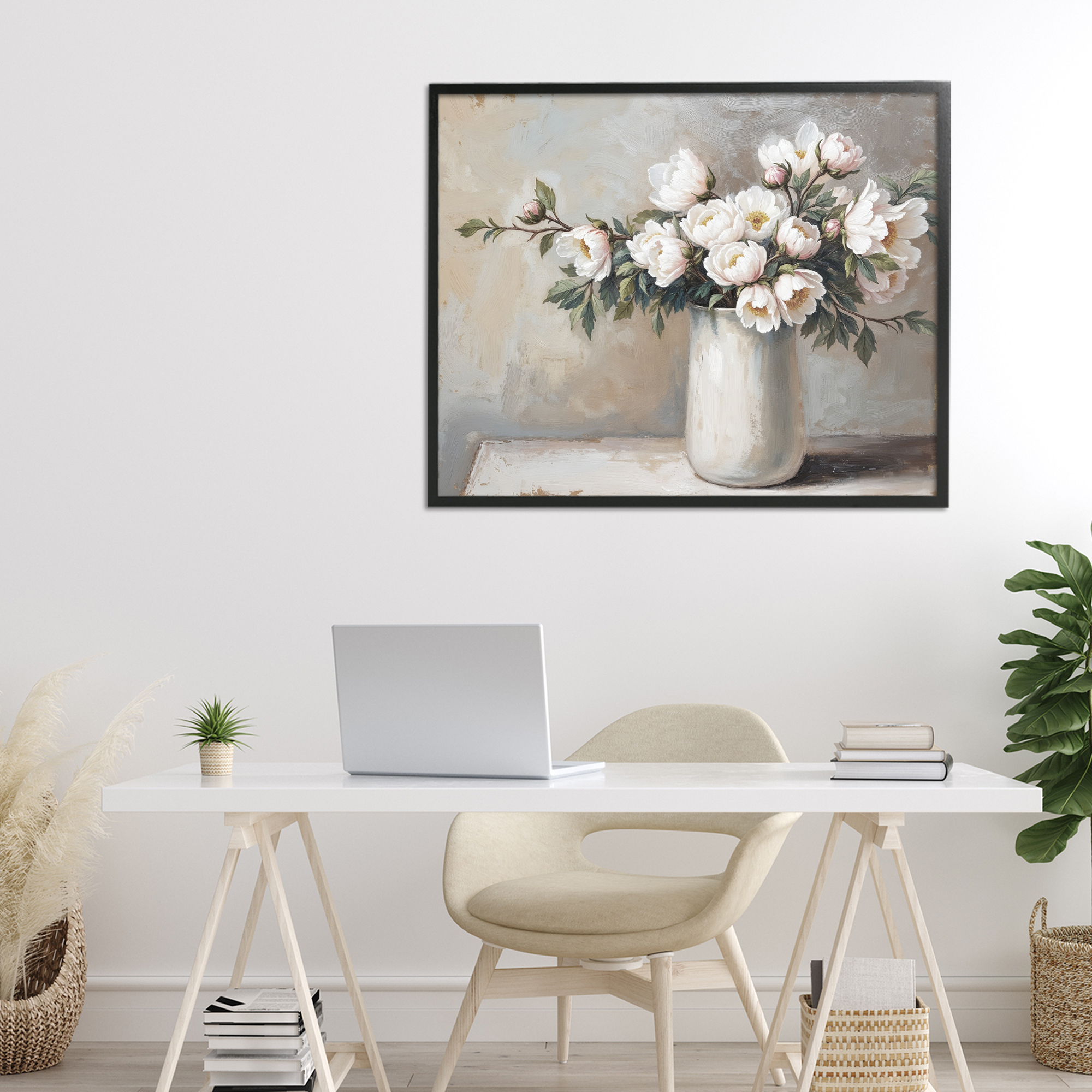 White Flowers in Vase Still Life Black Framed Giclee Art, design by Lettered and Lined