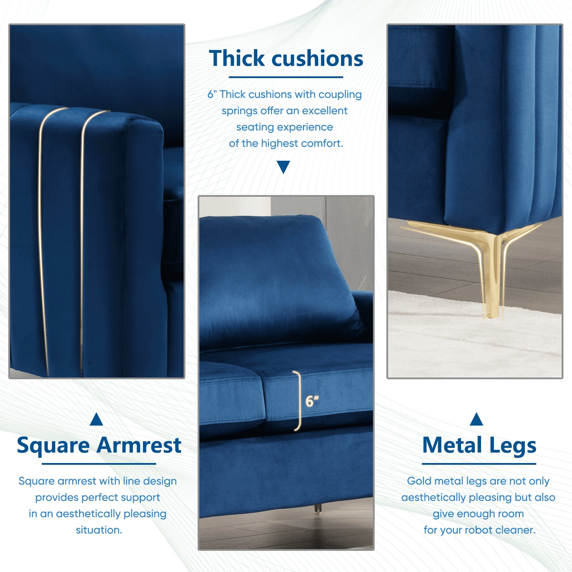 Muumblus 3 Pieces Velvet Living Room Furniture Sets, Modern Two Single Sofa Chairs and One 3-Seater Sofa Couch, Navy Blue