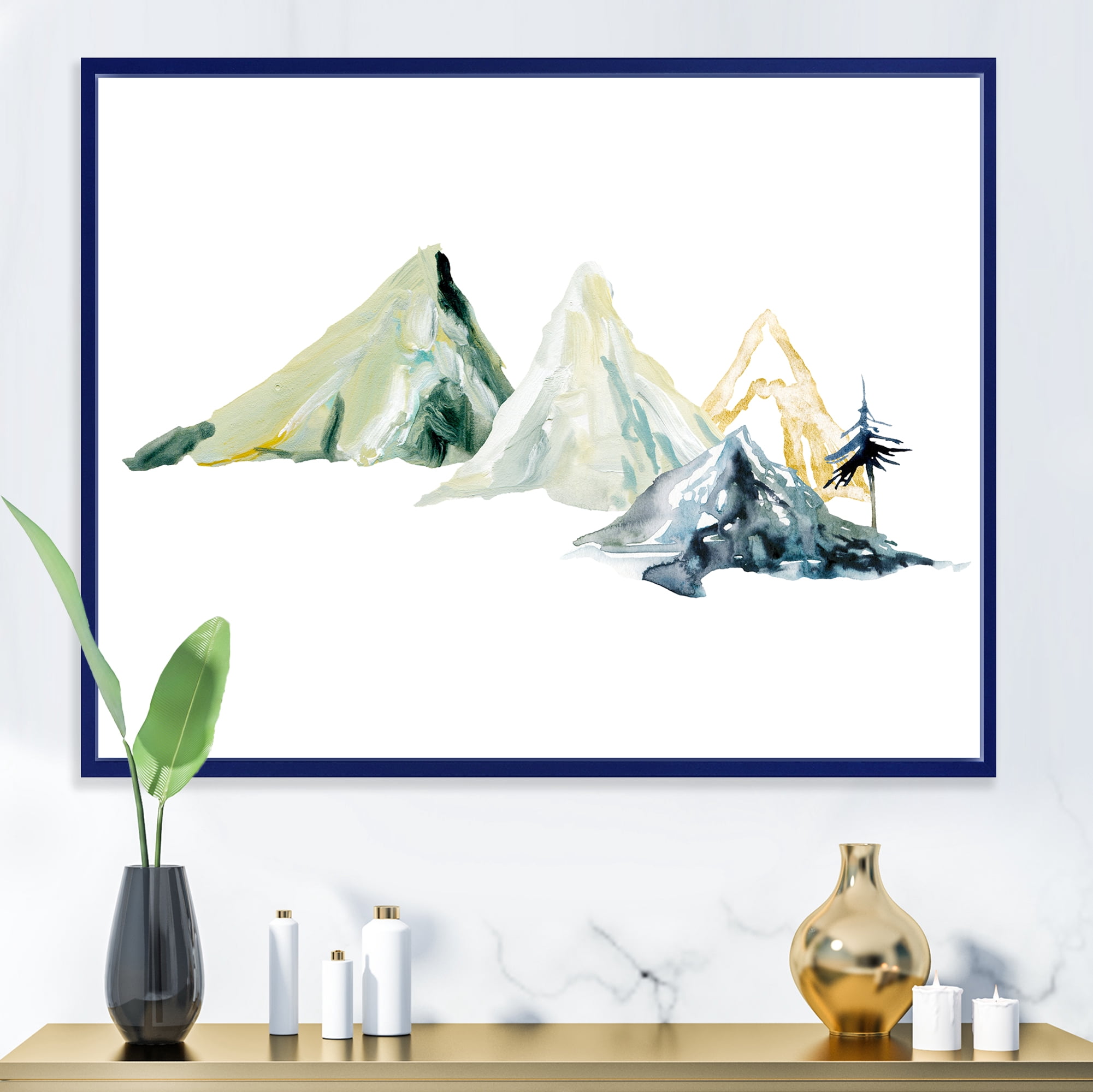 Designart 'Dark Blue Mountain Landscape Winter Minimalistic I' Modern Framed Canvas Wall Art Print
