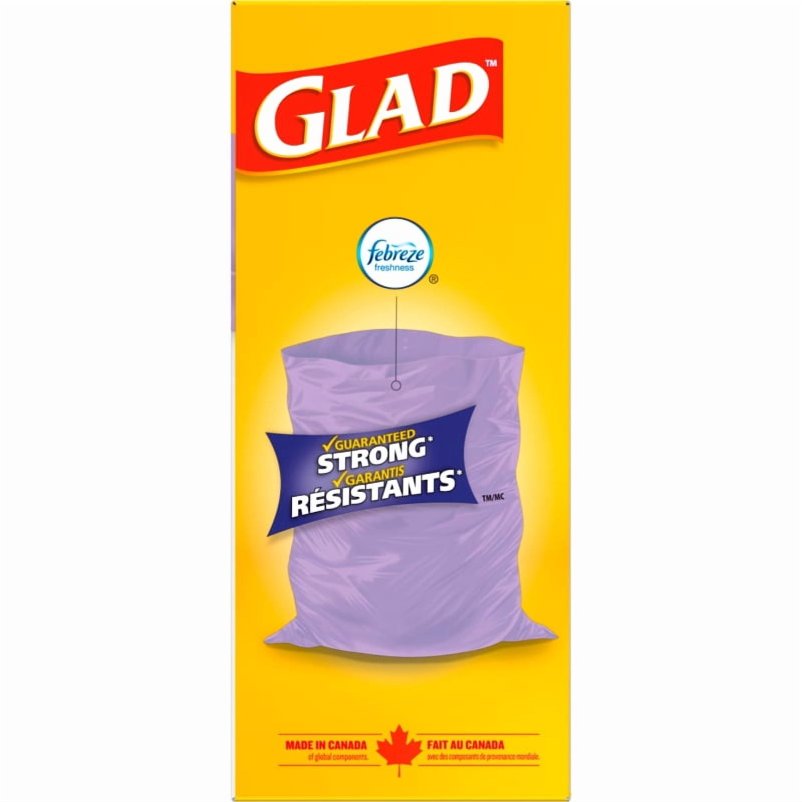 Sacs à ordures Glad® de couleur mauve et au parfum de lavande Format: Très petits sacs de 15 L avec Febreze fraîcheur, boîte de 52 sacs