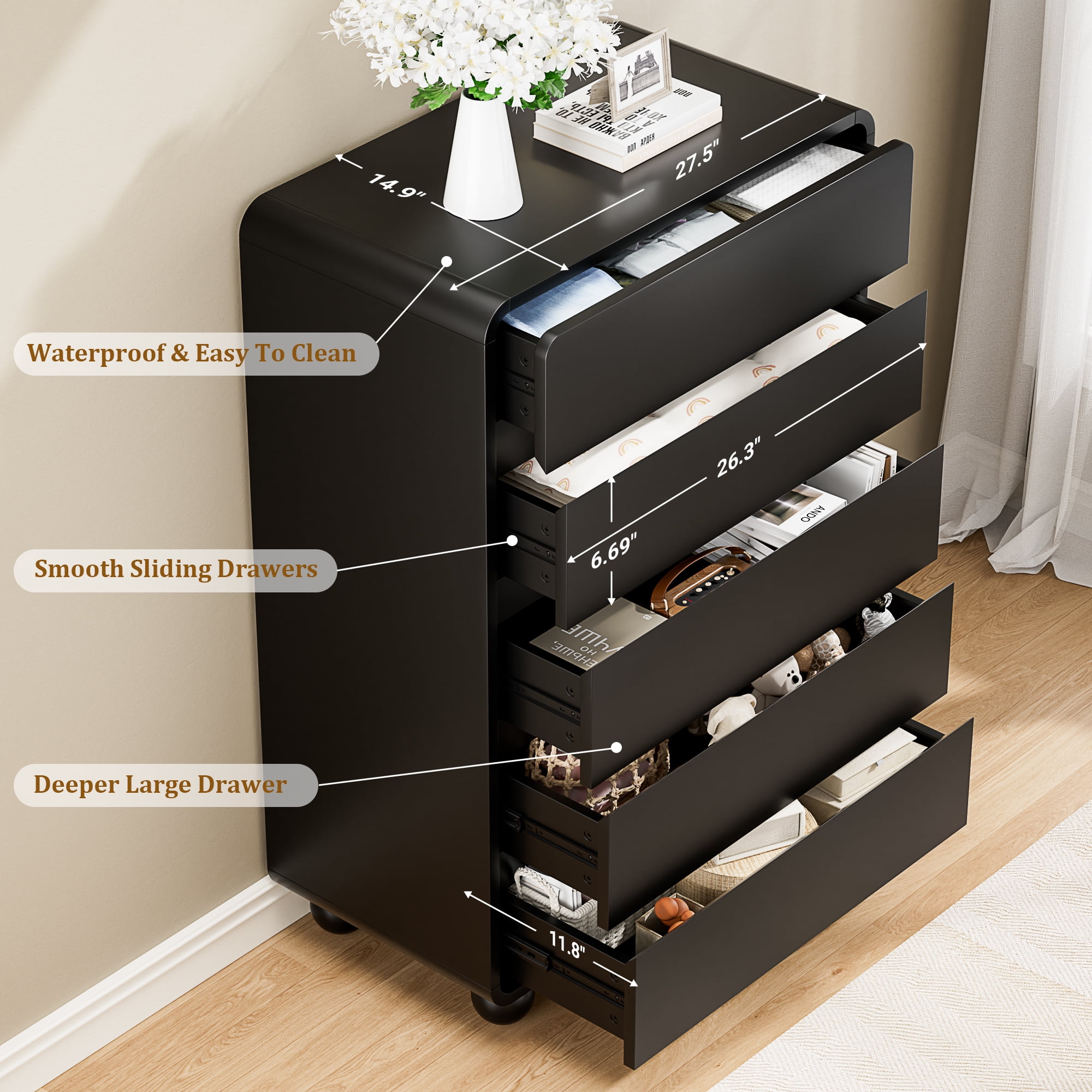 Aufeile 41" Tall Dresser for Bedroom, 5 Drawer Modern Wood Dresser with Curved Profile, Chest of Drawers for Bedroom, Vertical Storage Cabinet for Living Room, Entryway, Black