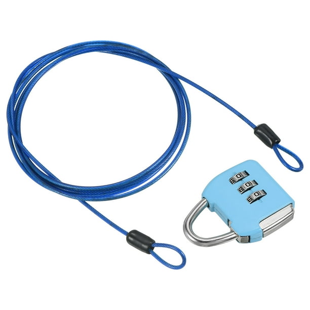 Candado de combinación de 3 dígitos con cable de acero de 6.5 pies, candado de cadena de viaje, azul