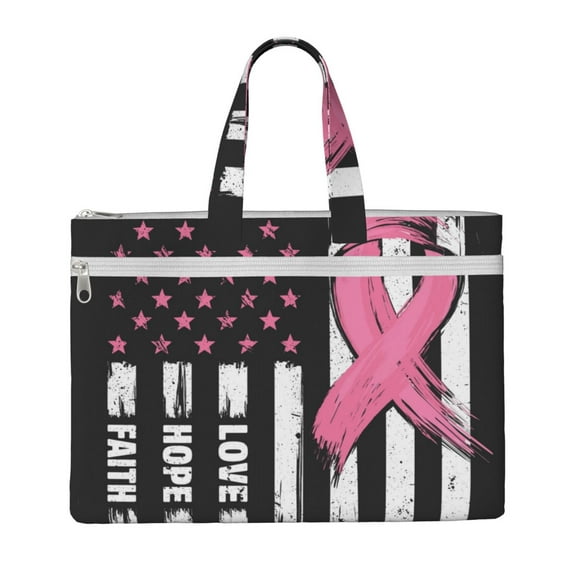 Honeii Ribbon Breast Cancer Awareness Print Canvas Tote Bag with Compartments Laptop Tote Bag Large Tote Bag