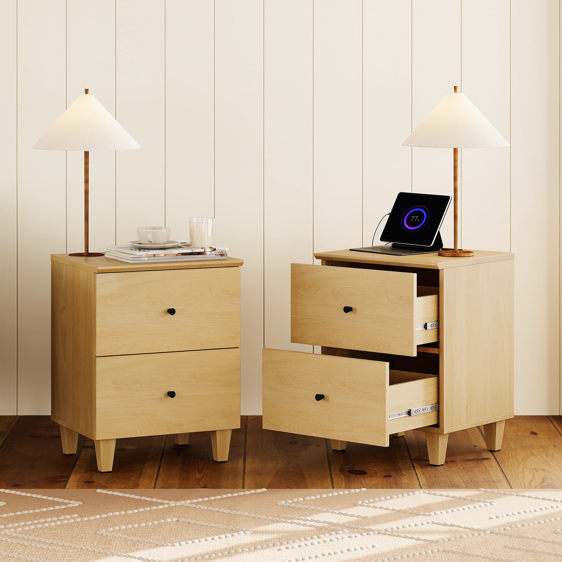 WAMPAT Dresser and Nightstands Set of 5, Wood Dressers with 9 Drawers, 2 Pieces Nightstands with Charging Stations for Living Room, Oak Wood