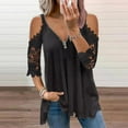 thumbnail image 2 of BYOIMUD Clothing Womens Hollow Out Lace Splicing Summer Blouse Leisure V Neck Zipper Blouse Elbow Sleeve Cold Shoulder Swing Tunic Shirts Black XXL, 2 of 3
