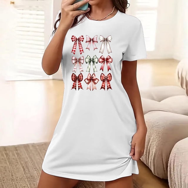 Sakmal Chemises de Nuit Blanches Moomoo pour Femmes, Grande Taille, Extensibles, de Noël, Col Rond, Manches Courtes, Imprimé Nœud, Courtes Chemises de Nuit P-2TG