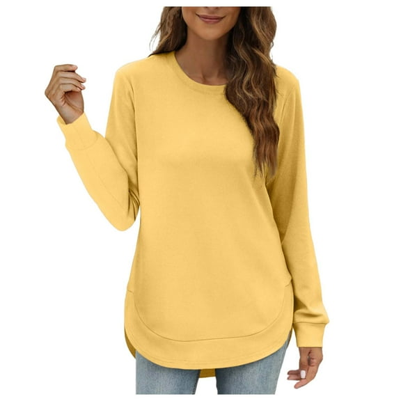 SRZYMJ Women's French Terry Crewneck Sweatshirt Women's Lightweight Long Sleeve Asymmetrical Hem Pullover Soft Comfortable Casual Blouse Tops for