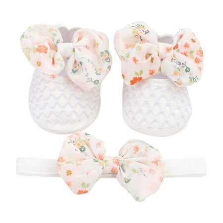 

MIUBAGIAL 0 to 1 Year Old Baby Shoes Hair Band Set Cute Bow Princess Shoes 3 5 7 9 Months Soft Soled Walking Shoes