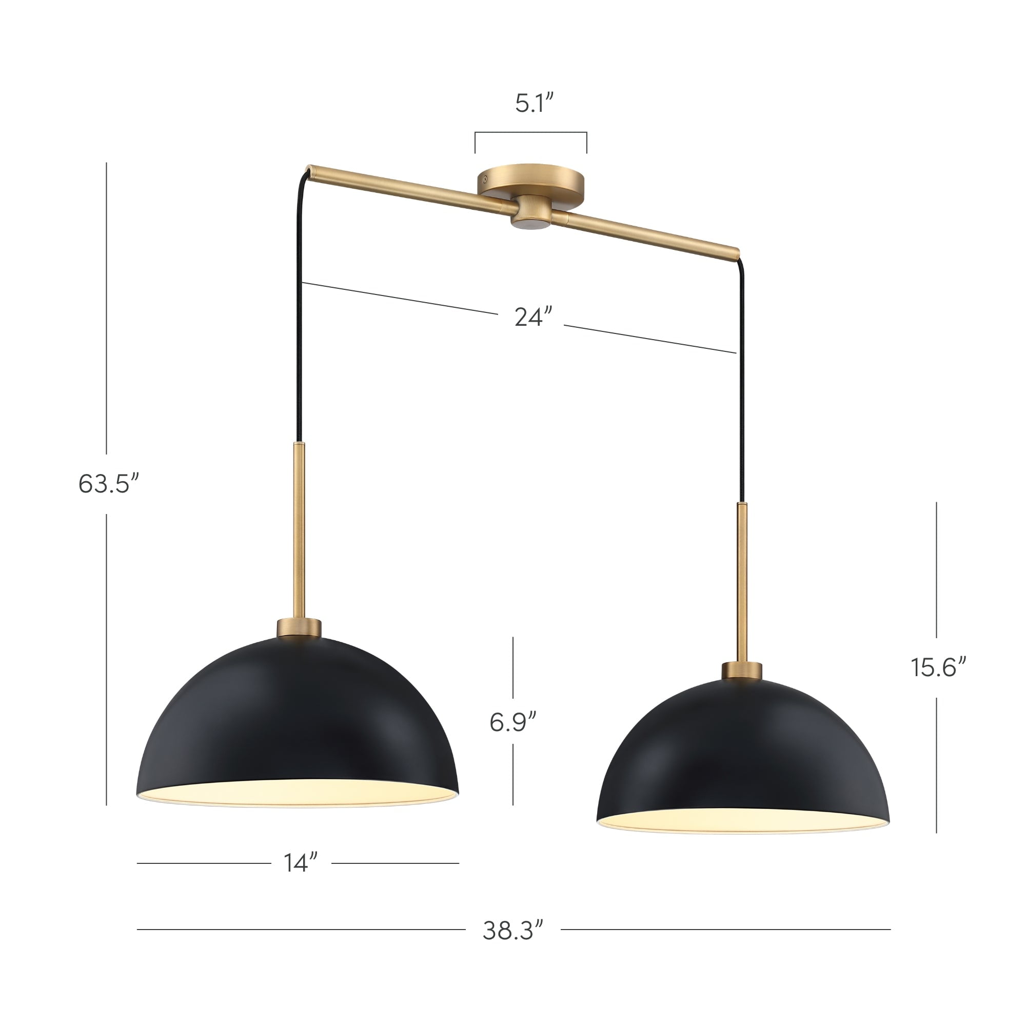 Nathan James Percy Modern 2-Light Pendant Island Light Fixture, Hanging Lights with Metal Shade and Adjustable Cord, For Kitchen, Living Room, Black/Vintage Brass