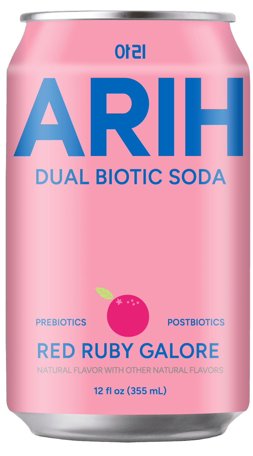 ARIH Dual Biotic Soda, Functional Prebiotic and Postbiotic Soda, Low Sugar, Red Ruby Galore, 12 fl oz, 4 Pack