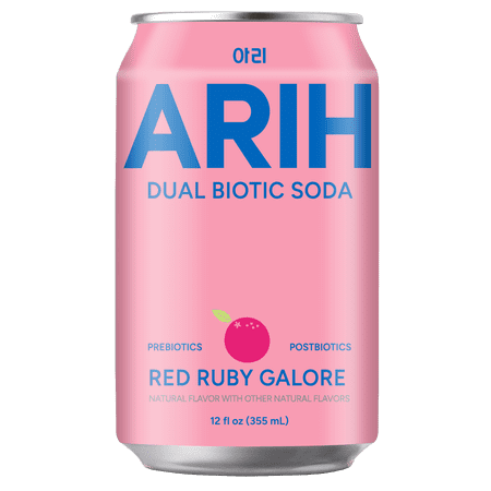 ARIH Dual Biotic Soda, Functional Prebiotic and Postbiotic Soda, Low Sugar, Red Ruby Galore, 12 fl oz