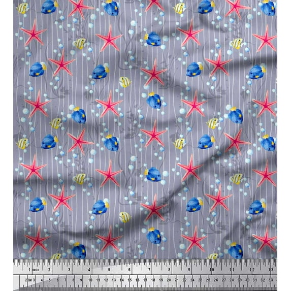Soimoi Grey Rayon Fabric Bubbles,Starfish & Tangfish Ocean Print Fabric by Yard 42 Inch Wide