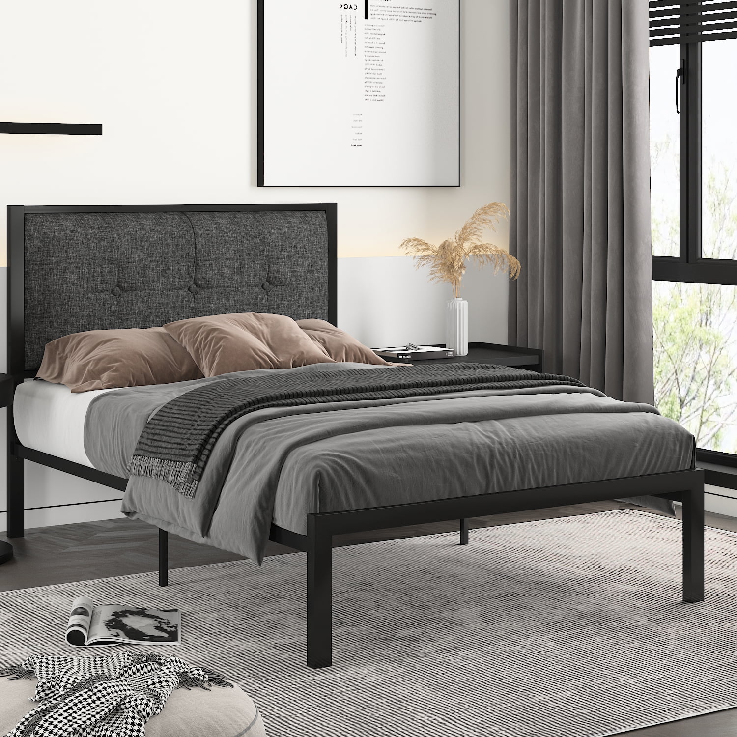 Amolife Twin Size Metal Platform Bed with Upholstered Button Tufted Headboard and 16 Strong