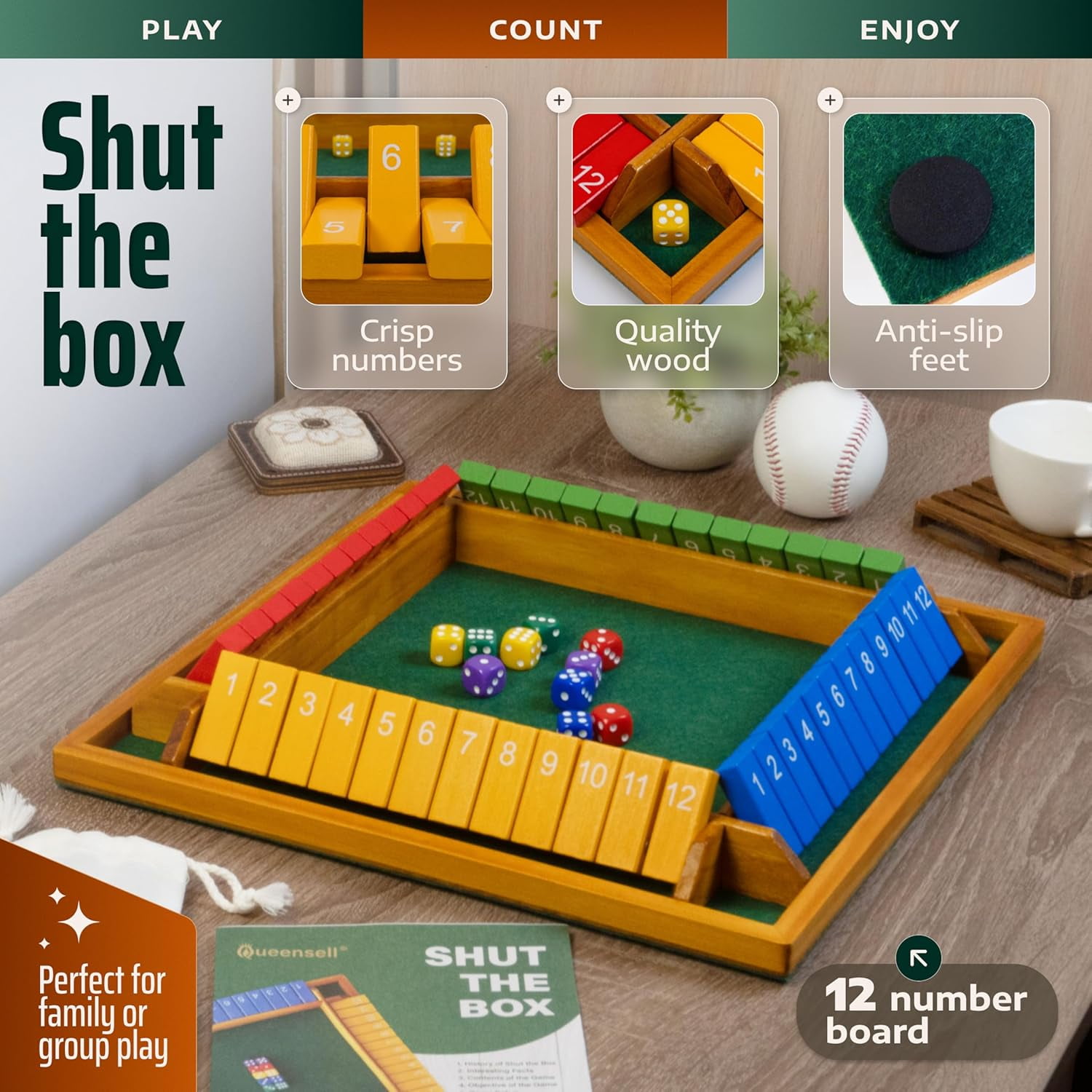 Shut The Box Game Wooden For 4 Players - Math Games -Family Games For Kids And Adults - 14-inch Close The Box Game 12 Numbers - Family Board Games