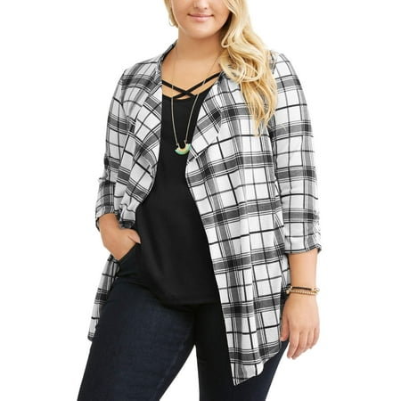 Junior's Plus 3fer - 3/4 Sleeve Plaid Flyaway with Solid Tank & Necklace
