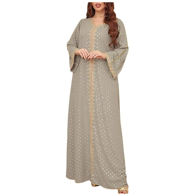 Lixiuxyad Lady's Gold Stamped Muslim Dubai Gown Gray