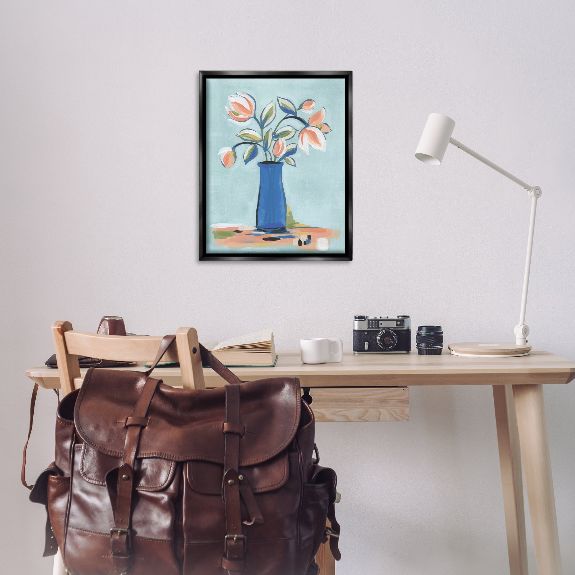Stupell Industries Pink & Blue Modern Bouquet Plants & Flowers Painting Black Floater Framed Canvas Art Print Wall Art, 25 x 31
