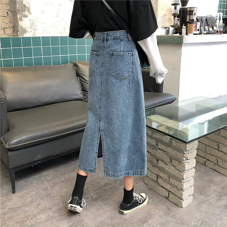 DanceeMangoos Midi Denim Skirt Women High Waist Blue Jean Long
