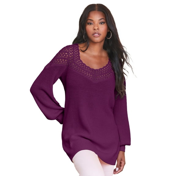 Roaman's Women's Plus Size Crochet Pullover Sweater With Sweetheart Neckline
