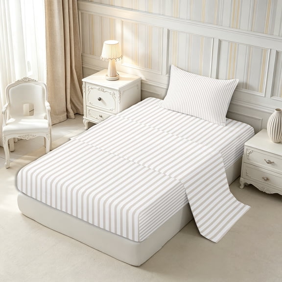 Castle Fairy Minimalist Vertical Line Twin Sheets 3pcs,Abstract Linear Band Bedding,Off-White Light Taupe,1 Flat Sheet, 1 Fitted Sheet and 1 Pillowcase
