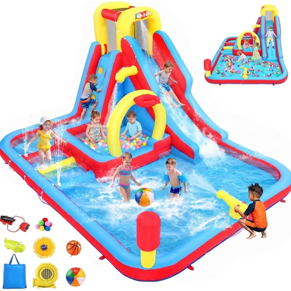 Adnoom 12-in-1 Bounce House with 480W Blower, Inflatable Water Slide for Big Kids, Jumping Castle with Dual Pools, Water Cannon, Basketball Hoop & Obstacle Crossing, Water Park for Backyard