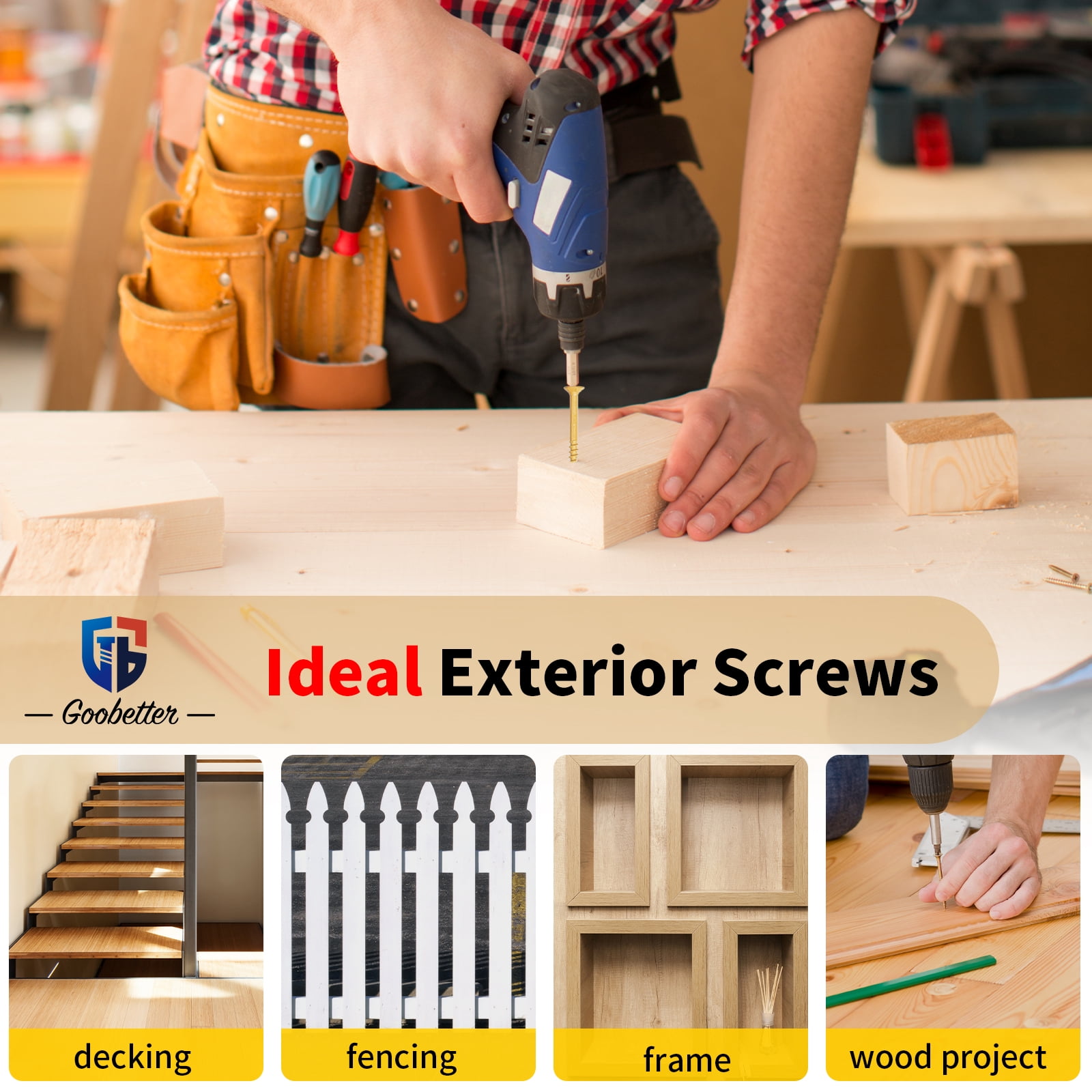 Goobetter 3 Inch Deck Screws, Wood Screws #10 x 3, 300 Pcs Torx