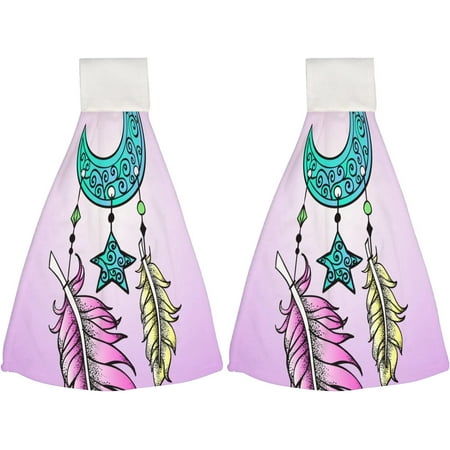 

2 Pack Kitchen Hanging Towels Moon Feathers and Beads Absorbent Hand Towels with Hanging Loop Washcloth