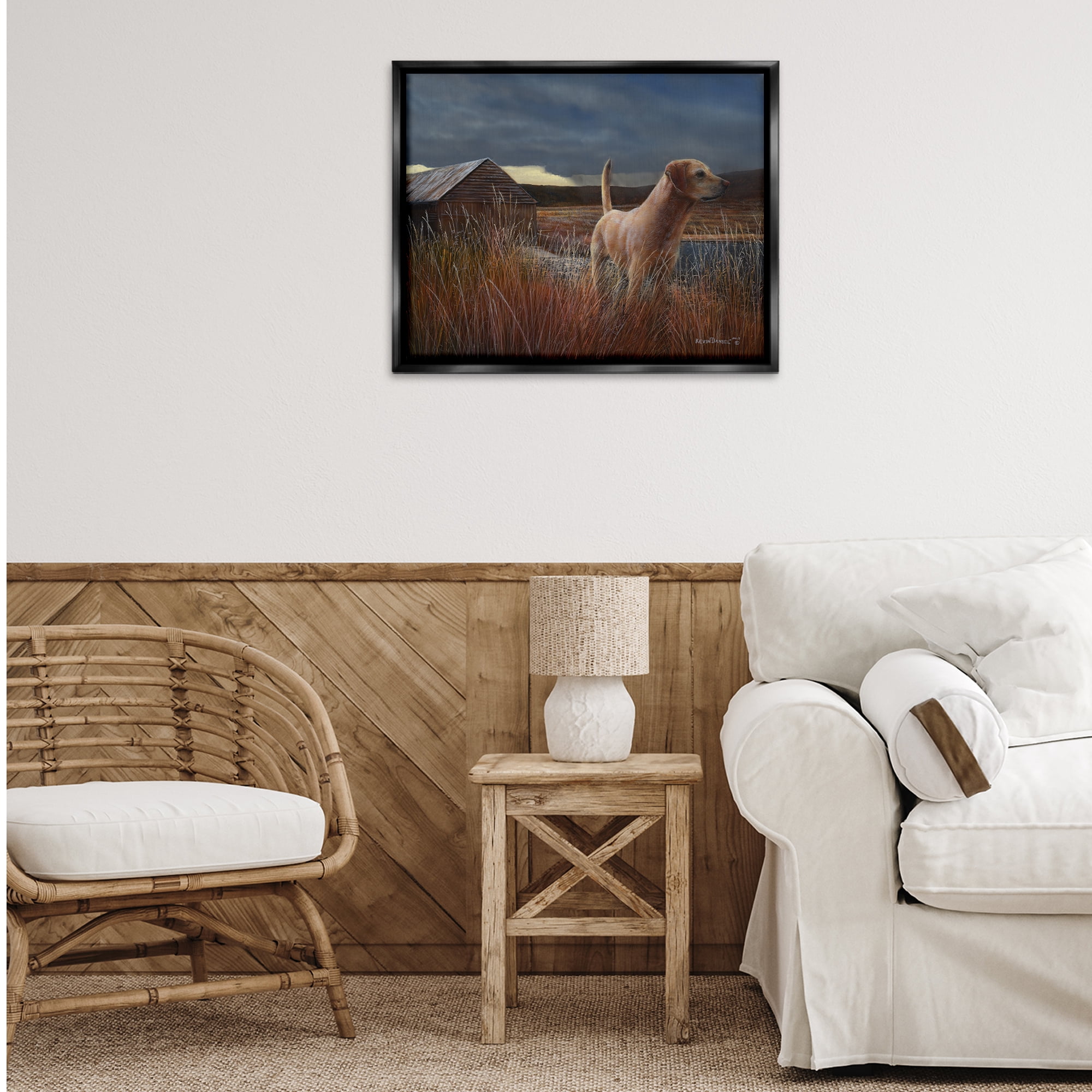 Stupell Industries Alert Dog by Cabin Landscape & Nature Painting Black Floater Framed Canvas Art Print Wall Art, 31 x 25