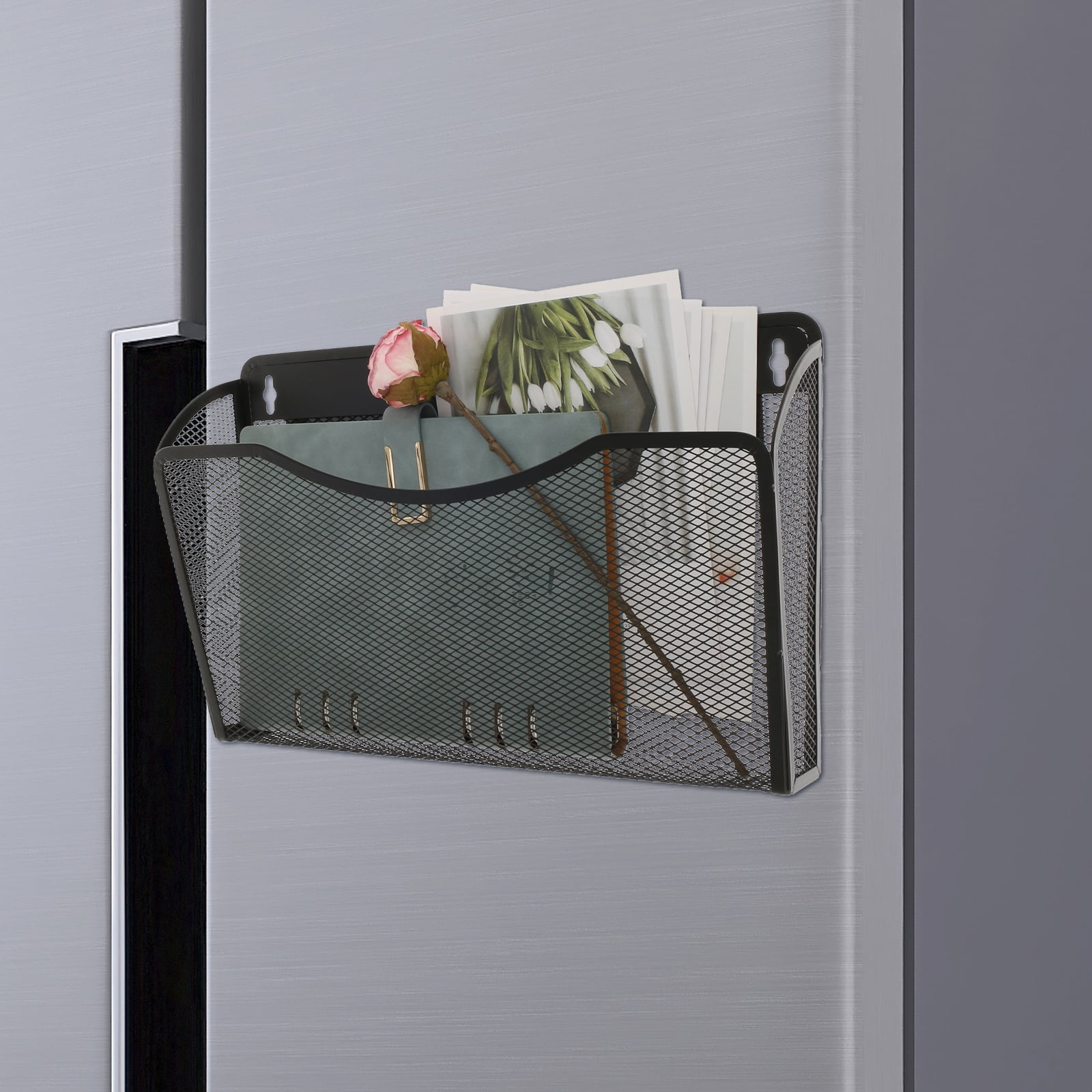 Magnetic File Holder Carbon Steel Magnetic File Organizer No Drilling Magnetic File Folder Holder Large Capacity Paper Holder Multifunctional Mail Organizer for Refrigerator Black