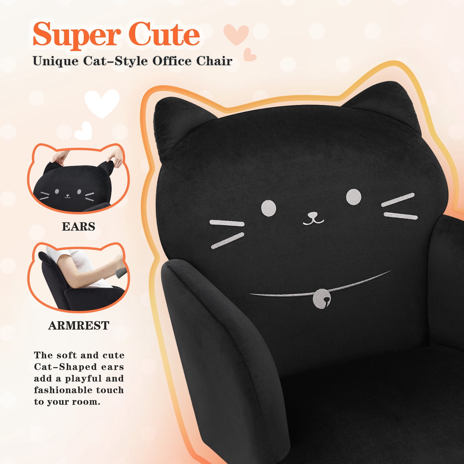Ergonomic Office Chair for Women  Cute Pet Cat Themed, Velvet Upholstered, Wide Seat, Tufted Desk Chair for Bedroom Study