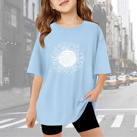 Gaexia Girls Short Sleeve Shirts Floral Print Basic Layering Tee Baggy Cute Shirts for Girls Back To School Hanukkah Casual Summer Tops School Uniform,Sky Blue