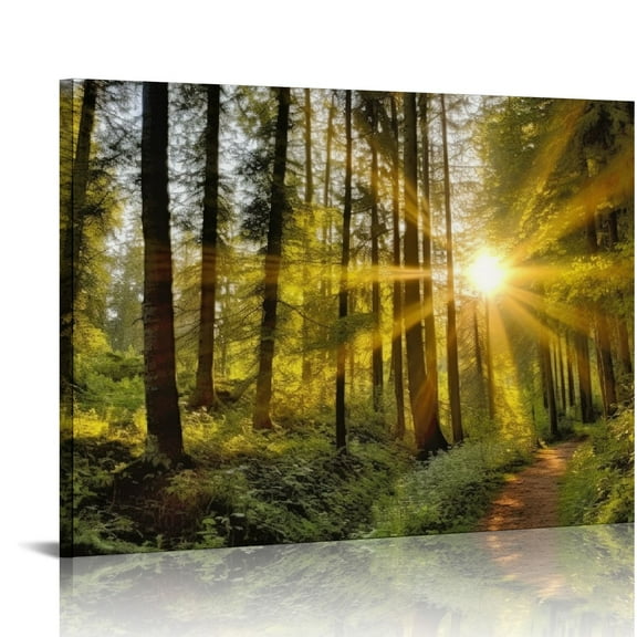 Nawypu Green Nature Wall Art for Living Room Forest Landscape Canvas Pictures Wall Decor Vintage Sunrise Tree Mountain Scenery Prints Painting Framed Artwork for Kitchen Office Home Decoration