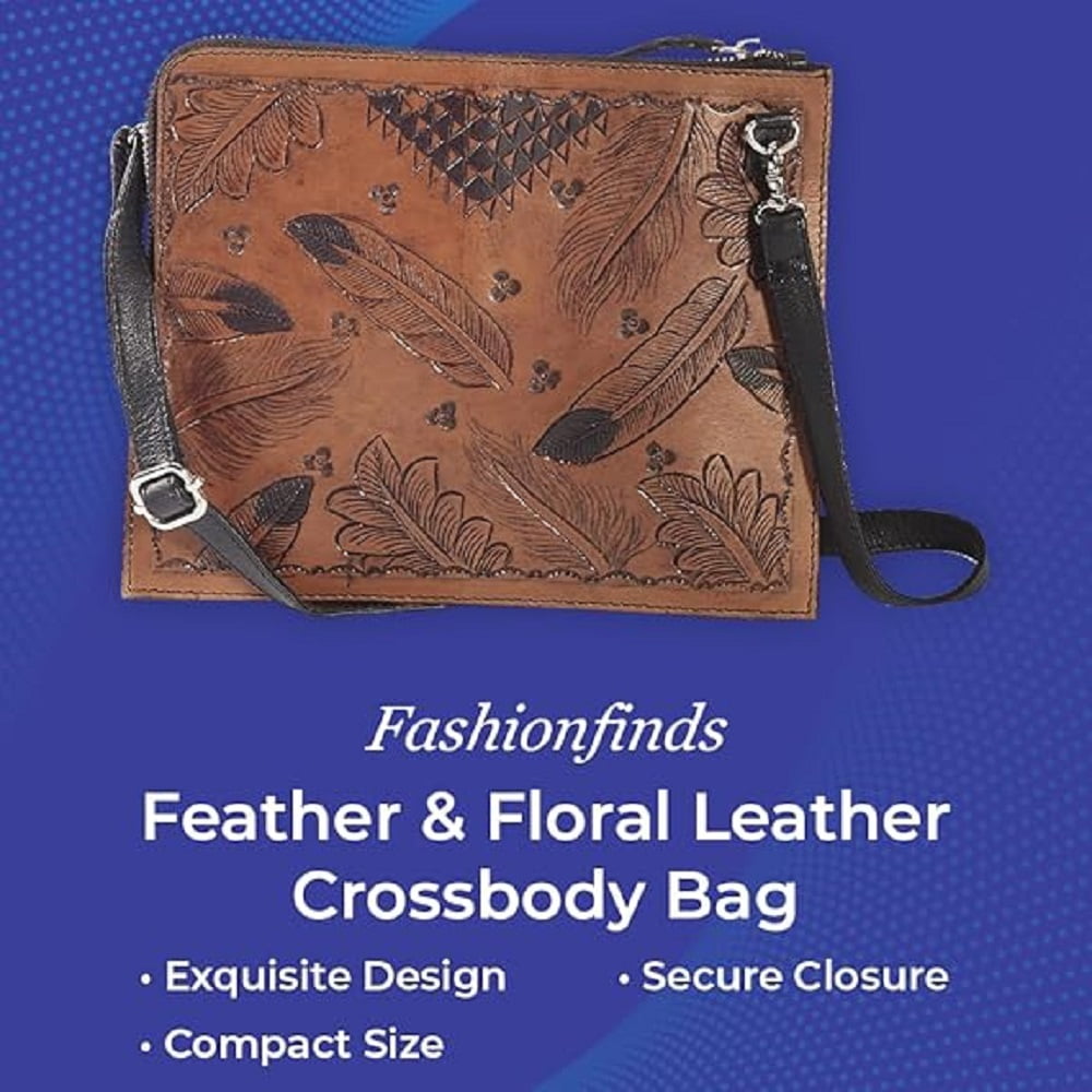 Sagefinds Genuine Leather Crossbody Bag for Women - Designer Feather - Floral Tooled Purse -7"x9"