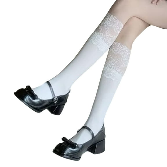 SDFGTstore Women Lace Patchwork Knee High Socks Frilly Thigh High Stockings Cotton Leg Warmers Lolitas Long Boot Socks Calf Socks