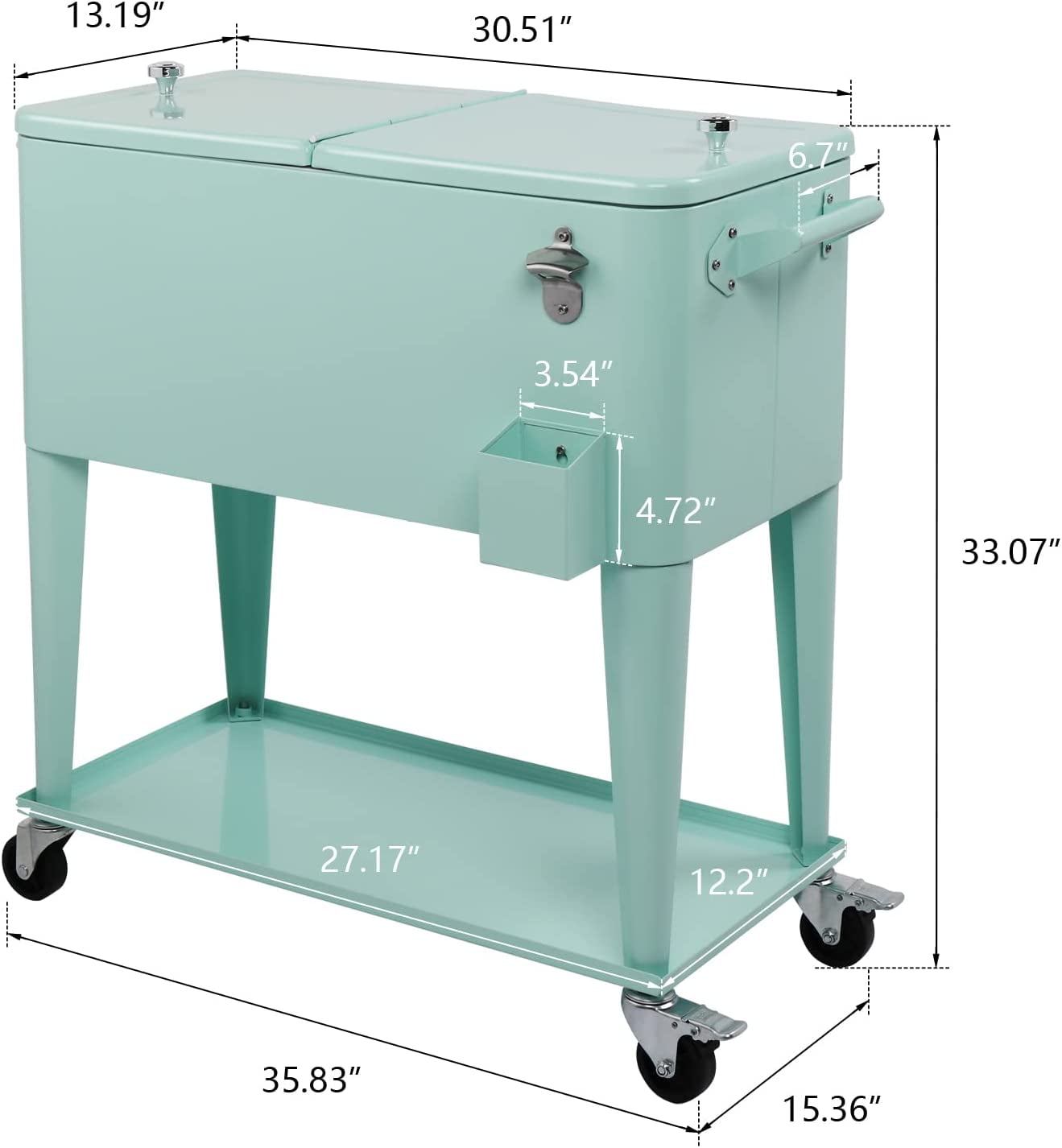 VINGLI 80 Quart Rolling Cart on Wheels, Portable Bar Drink Cooler, Beverage for Patio Pool Party, Ice Chest with Shelf,Bottle Opener,Water Pipe