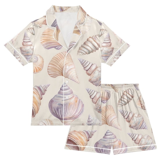 FORMRS Niños Short Sleeve Top and Pants Pajama Set Unisex Satin 2-Piece Sleepwear, Sizes 5-6Y, Orange Watercolor Seashells