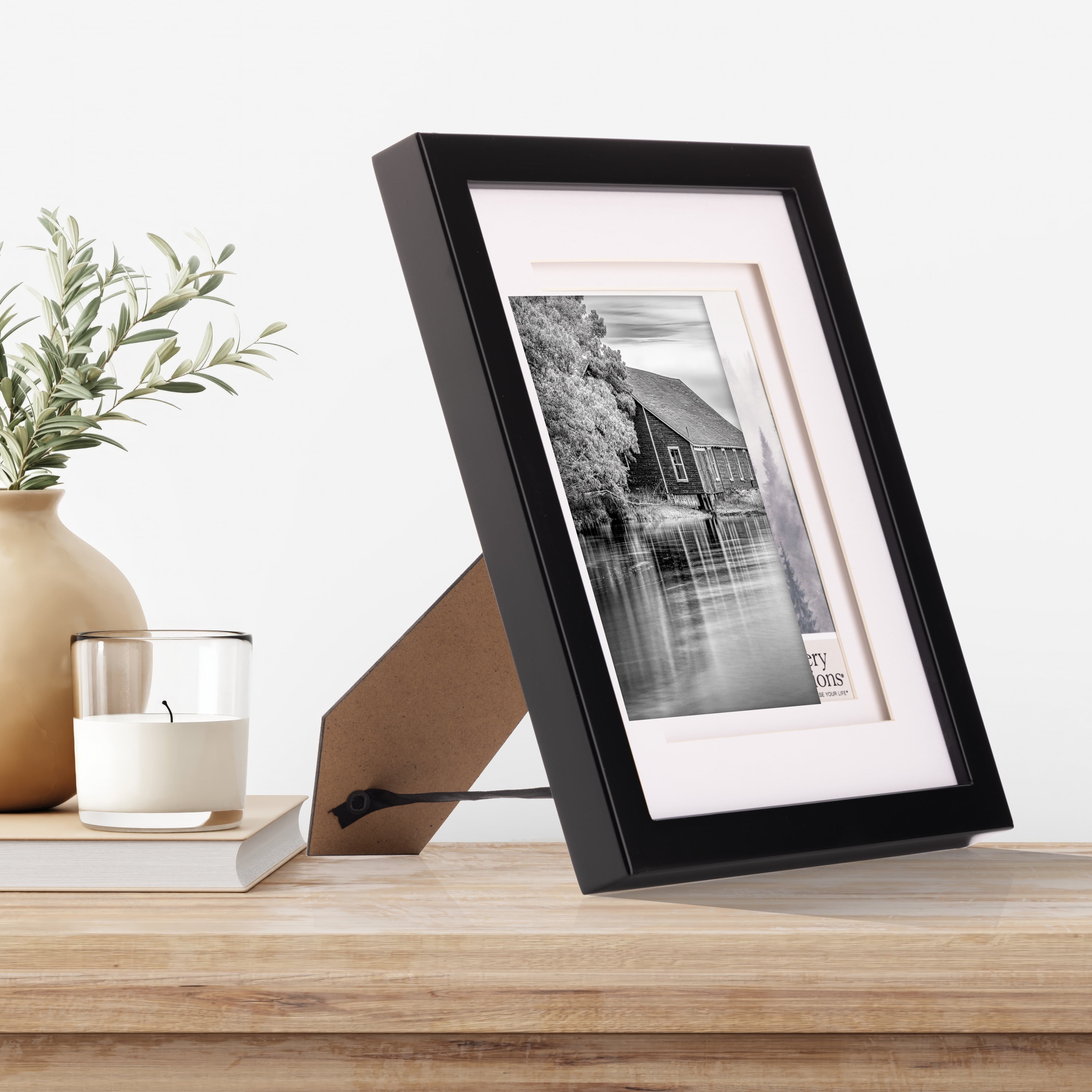 Gallery Solutions Black Picture Frame Double White Mat Airfloat Tabletop Wall Display 8" x 10" for 5" x 7" Photos 1-pack