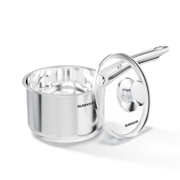 SUNHOUSE 1.5QT Stainless Steel Saucepan with Lid, Small Milk Pan for Heating Milk, Sauce & Soup, Tri-Ply Bottom, Induction Compatible, Dishwasher Safe