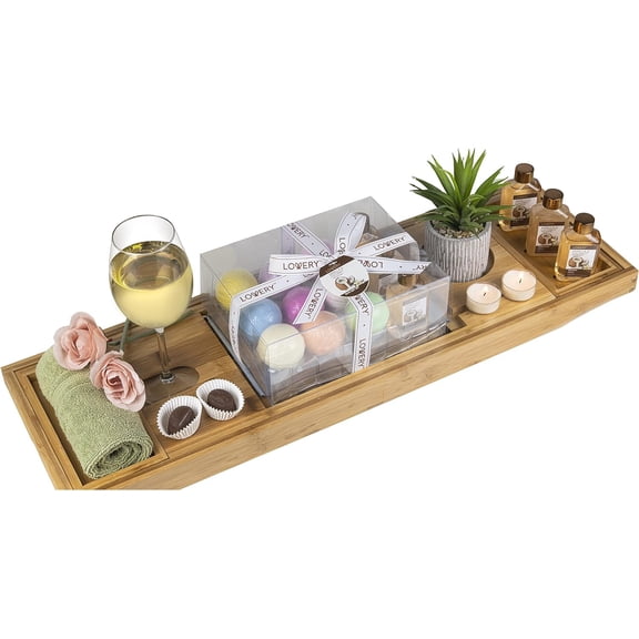 Birthday Gifts from Son, Premium Bamboo Bathtub Caddy Tray Gift Set with Bath Bombs, Shower Gel, Shampoo & Bubble Bath, Luxury Bathtub Tray with Book & Wine Holder, Expandable Tray to Fit Any Tub