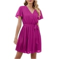 thumbnail image 1 of QIPOPIQ Robes pour Femmes Taille Empire à Étages Ample Manches Courtes Tendance Robe à Col en V Style Poupée Robe d'Été Couleur Unie Robe Plissée à Trois Couches Offres 2023, 1 of 5