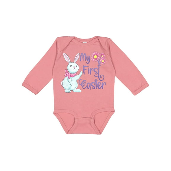 Inktastic My 1st Easter Cute White Bunny with Spring Flowers Boys or Girls Long Sleeve Baby Bodysuit