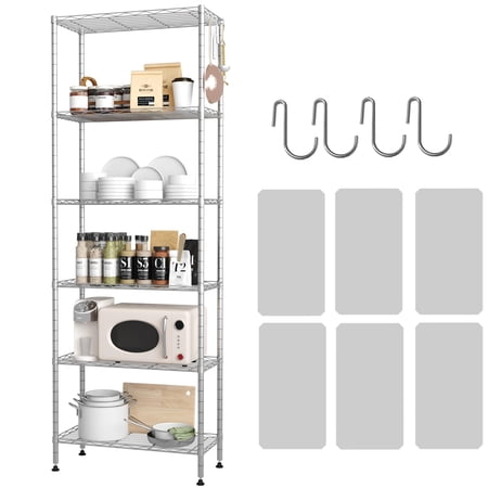 6-Shelving Unit, Adjustable Wire Shelving, Metal Wire Shelf with Shelf Liners and Hooks for Kitchen, Closet, Bathroom, Laundry,Sliver,21" W x 11" D x 69" H