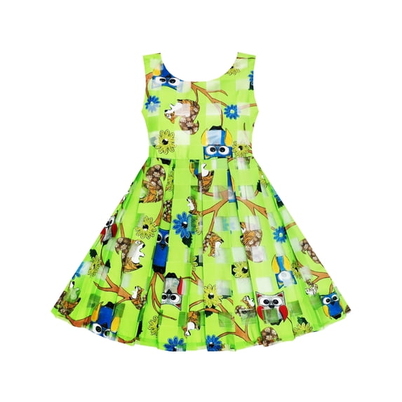 Girls Illusion Checked Organza Dress Owl Squirrel Print Cute Party 6