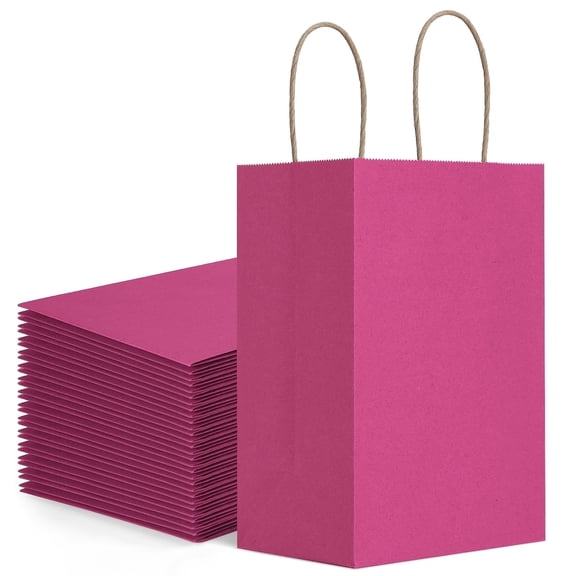 BagDream 100 Pack Small Hot Pink Gift Bags with Handles 5.25x3x8" Kraft Paper Bags for Girl's Birthdays, Valentine's Day, Mother's Day, Wedding, Party and Baby Shower
