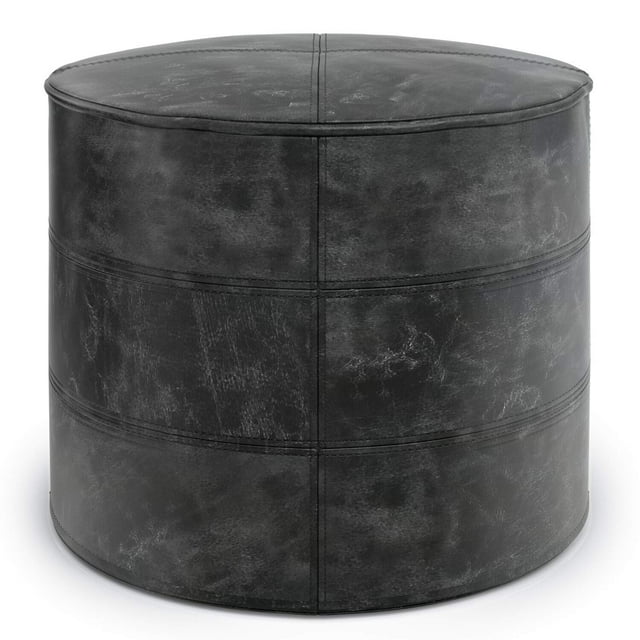 SIMPLIHOME Connor Pouf Rond Bohème en Cuir Noir Vieilli, Repose-Pieds, Repose-Pieds, Rembourré, pour le Salon, la Salle Familiale
