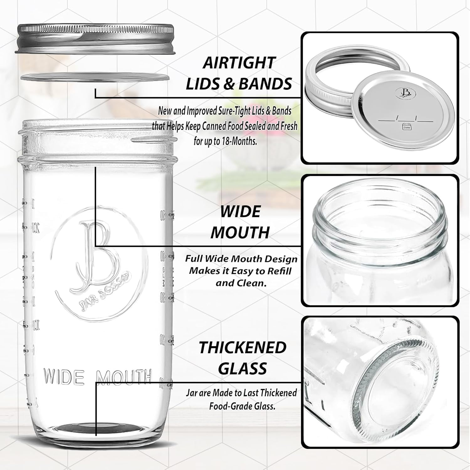 Wide Mouth Mason Jars 24 oz - (2 Pack) - Clear Glass Pint and a Half Mason Jars With Airtight Lids and Bands. For Storage, Canning, Fermenting, Cold Brew Coffee, Freezing, Microwave & Dishwasher Safe